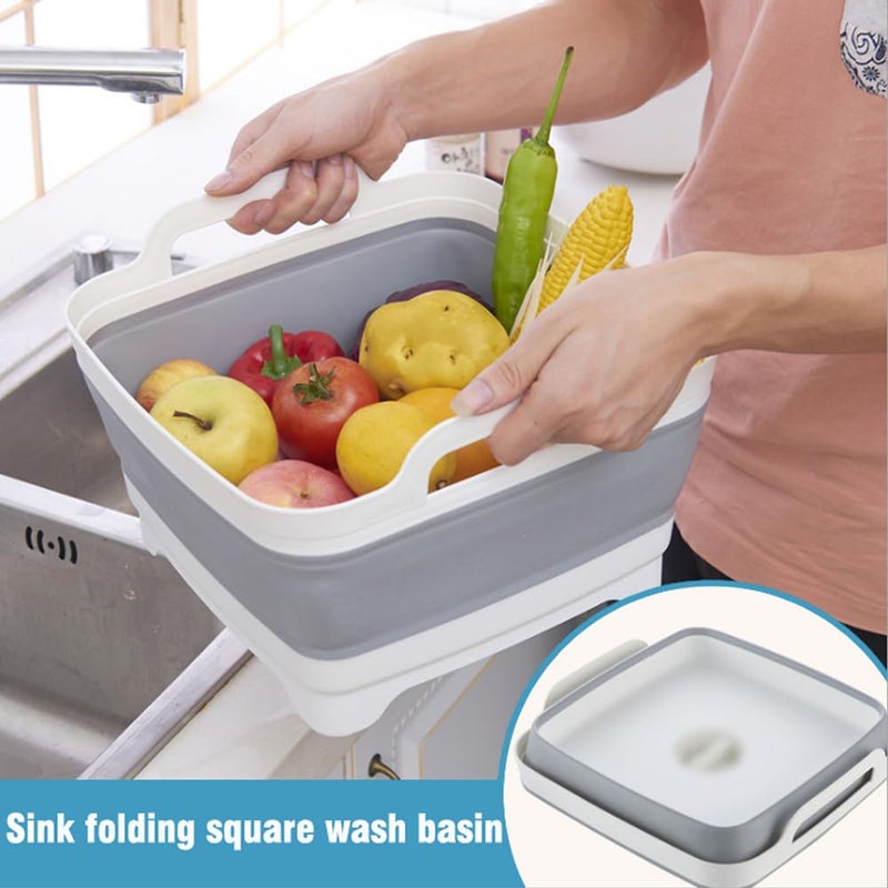 ddLUCK ddLUCK Dish Basin Collapsible with Drain Plug Carry Handles for 9L Large Capacity, Washing Basin, Collapsible Dish Tub for RV Sink, Vegetable, Fruit, Food Sink Strainer Dish Washing Tub - Gray  - Image 3