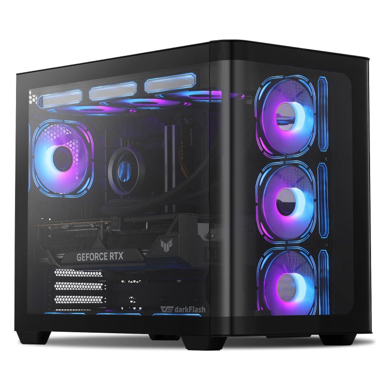 darkFlash ATX Mid-Tower Gaming PC Case, Back Plug-in BTF Motherboard, with 4 ARGB Fans Computer Case, Full View Curve Glass Dual-Chamber PC Case, Type C Port, Supports Dual 360mm AIO, Black(DPW90) - Image 1