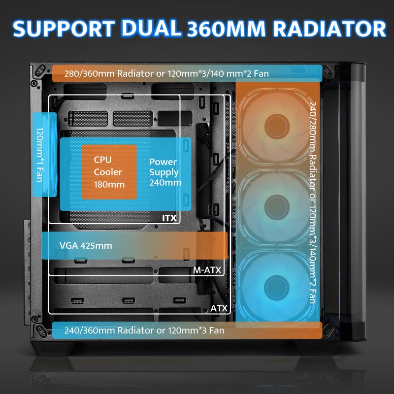 darkFlash ATX Mid-Tower Gaming PC Case, Back Plug-in BTF Motherboard, with 4 ARGB Fans Computer Case, Full View Curve Glass Dual-Chamber PC Case, Type C Port, Supports Dual 360mm AIO, Black(DPW90) - Image 5
