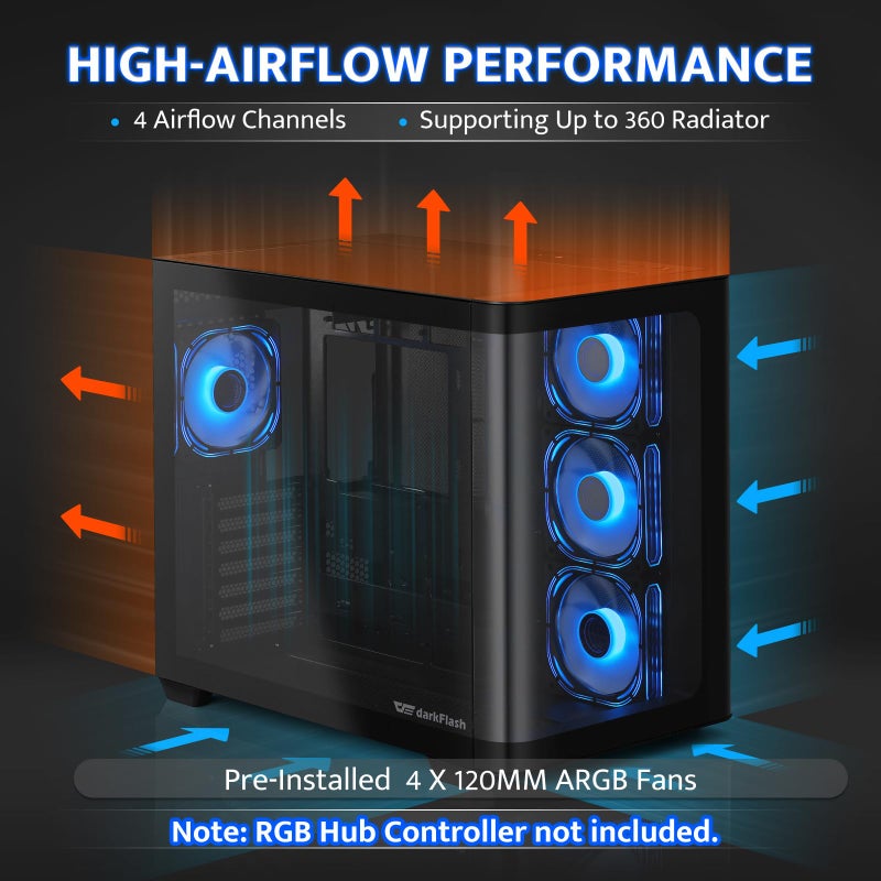 darkFlash ATX Mid-Tower Gaming PC Case, Back Plug-in BTF Motherboard, with 4 ARGB Fans Computer Case, Full View Curve Glass Dual-Chamber PC Case, Type C Port, Supports Dual 360mm AIO, Black(DPW90) - Image 3