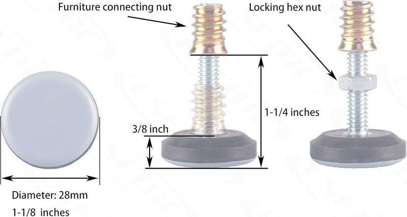 CSFMC Furniture Leveler PTFE(Teflon) Bottom(28mm Base),Threaded Shank(1/4-20) Adjust Pads,Table/Chair/Cabinet/Sofa Medium Adjustable Legs Leveling,Nuts Installation and Floor Protection(8 Pack) - Image 2