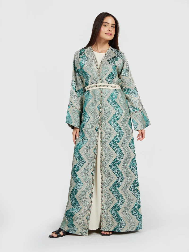 Reem Abayas Elegant Geometric Jacquard Open Front Abaya with Belt