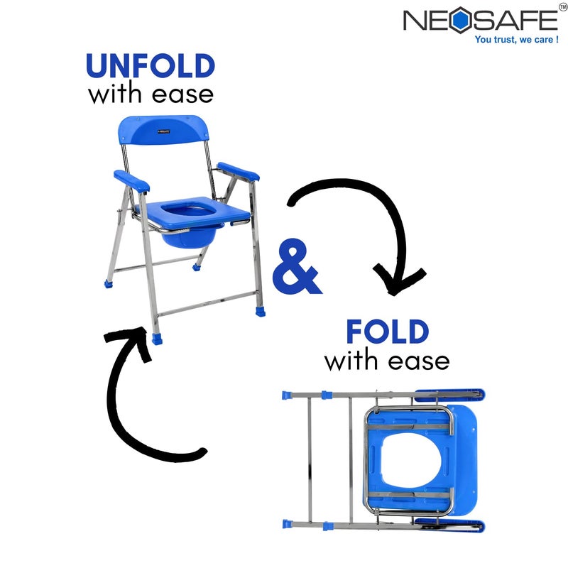 NEOSAFE كرسي مرحاض لكبار السن والمرضى | كرسي تواليت قابل للطي من الفولاذ المقاوم للصدأ مع وعاء، مسند ذراع ومسند ظهر | مقعد حمام محمول لكبار السن وذوي الاحتياجات الخاصة | سعة الوزن 120 كجم - Image 3
