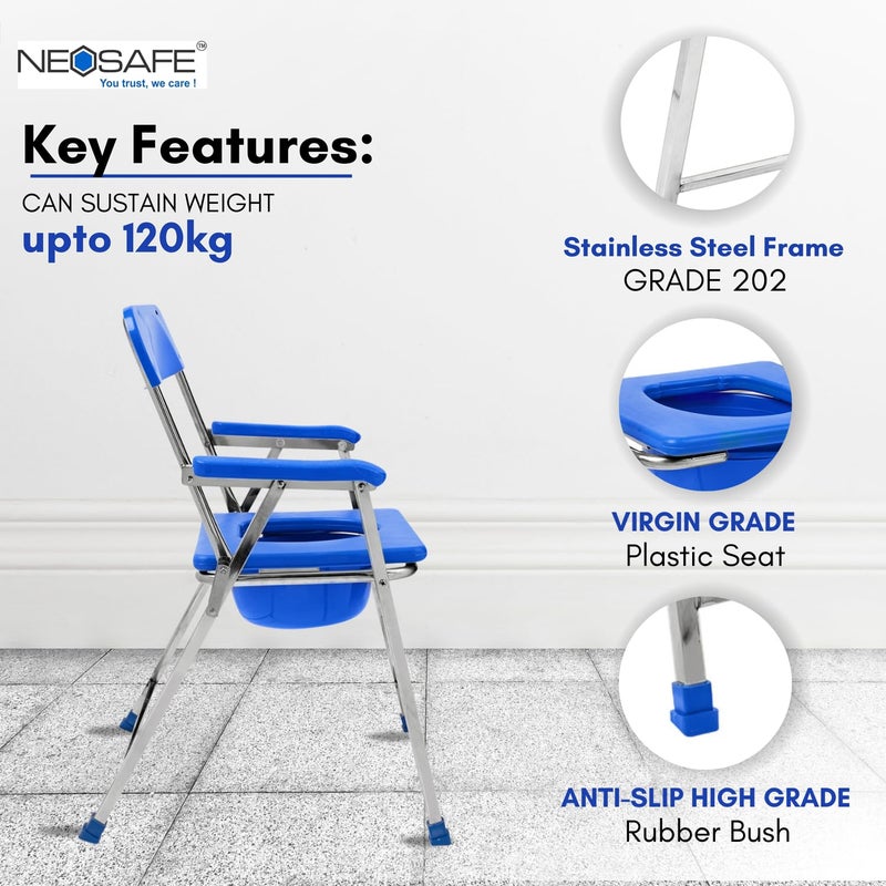 NEOSAFE كرسي مرحاض لكبار السن والمرضى | كرسي تواليت قابل للطي من الفولاذ المقاوم للصدأ مع وعاء، مسند ذراع ومسند ظهر | مقعد حمام محمول لكبار السن وذوي الاحتياجات الخاصة | سعة الوزن 120 كجم - Image 4