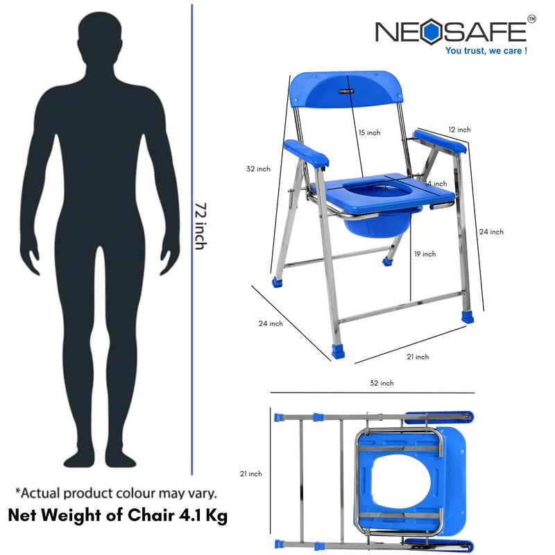 NEOSAFE كرسي مرحاض لكبار السن والمرضى | كرسي تواليت قابل للطي من الفولاذ المقاوم للصدأ مع وعاء، مسند ذراع ومسند ظهر | مقعد حمام محمول لكبار السن وذوي الاحتياجات الخاصة | سعة الوزن 120 كجم - Image 5