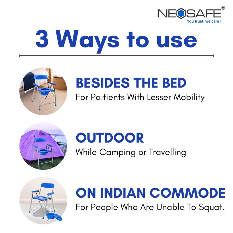 NEOSAFE كرسي مرحاض لكبار السن والمرضى | كرسي تواليت قابل للطي من الفولاذ المقاوم للصدأ مع وعاء، مسند ذراع ومسند ظهر | مقعد حمام محمول لكبار السن وذوي الاحتياجات الخاصة | سعة الوزن 120 كجم - Image 2