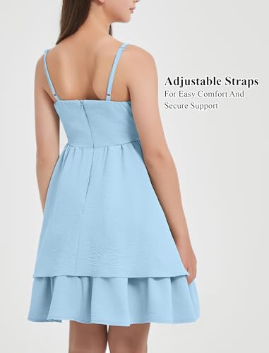 EXARUS Girls Dress Blue Teen Formal Homecoming Dance Special Occasions Casual Tween Ruched Flowy Ruffle Hem Spaghetti Strap Adjustable Mini Dresses Cami for 12 Years - Image 4