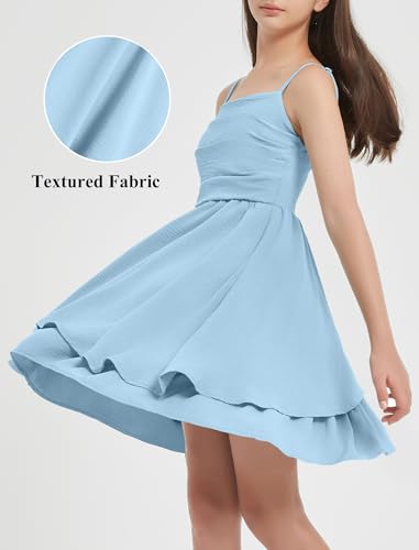 EXARUS Girls Dress Blue Teen Formal Homecoming Dance Special Occasions Casual Tween Ruched Flowy Ruffle Hem Spaghetti Strap Adjustable Mini Dresses Cami for 12 Years - Image 3