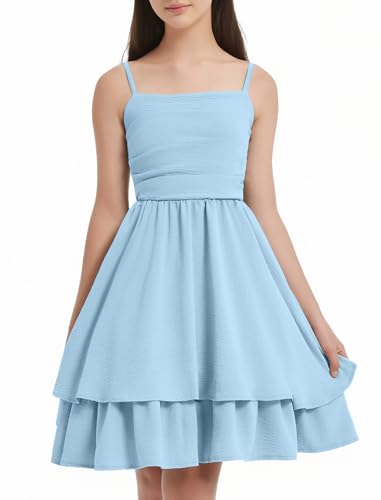 EXARUS Girls Dress Blue Teen Formal Homecoming Dance Special Occasions Casual Tween Ruched Flowy Ruffle Hem Spaghetti Strap Adjustable Mini Dresses Cami for 12 Years - Image 2