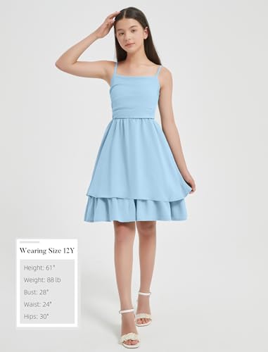 EXARUS Girls Dress Blue Teen Formal Homecoming Dance Special Occasions Casual Tween Ruched Flowy Ruffle Hem Spaghetti Strap Adjustable Mini Dresses Cami for 12 Years - Image 5