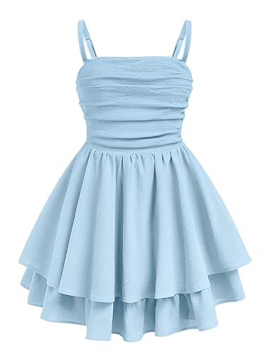 EXARUS Girls Dress Blue Teen Formal Homecoming Dance Special Occasions Casual Tween Ruched Flowy Ruffle Hem Spaghetti Strap Adjustable Mini Dresses Cami for 12 Years - Image 1