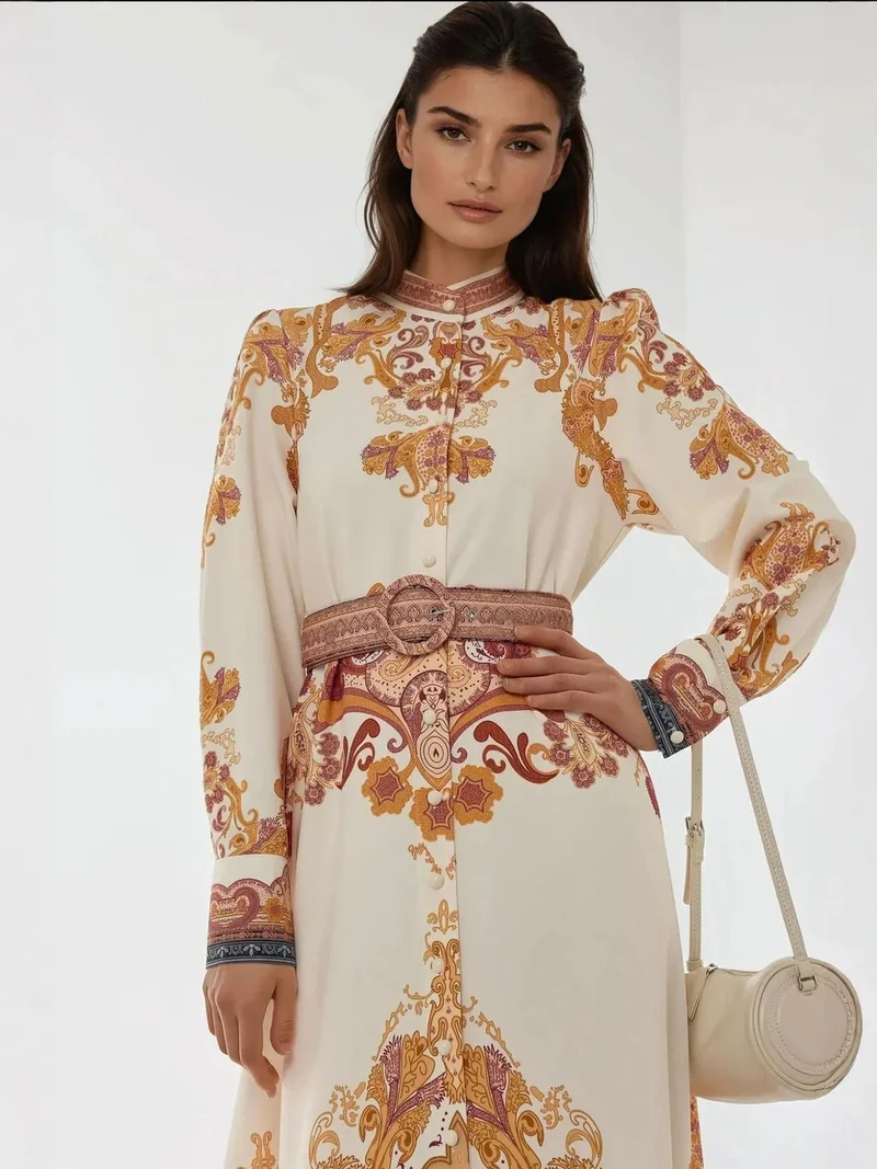 HICCUP Printed A-Form Maxi Dress with Belt