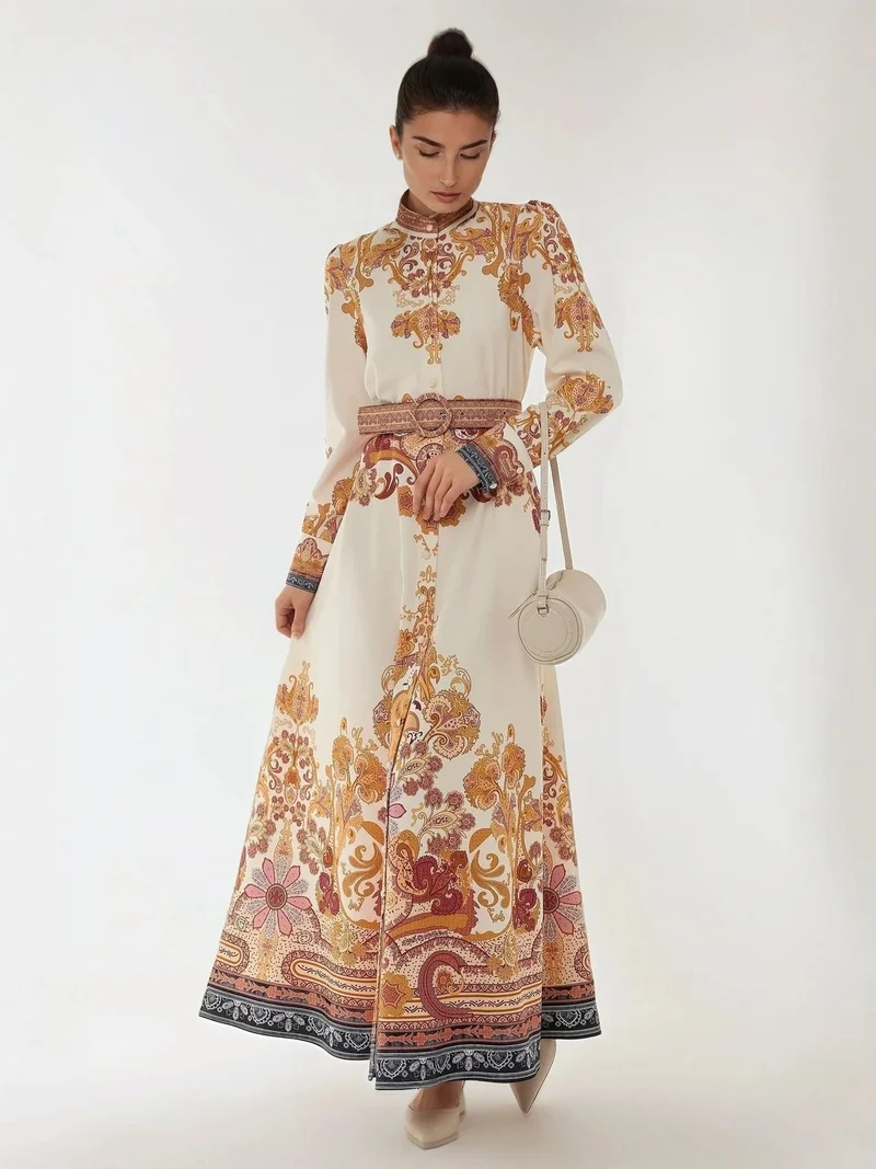 HICCUP Printed A-Form Maxi Dress with Belt