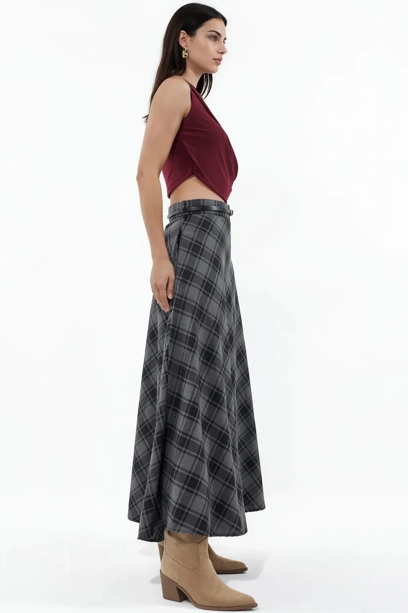 بيغ دارت BDART High-Waist Plaid Maxi A-Line Skirt