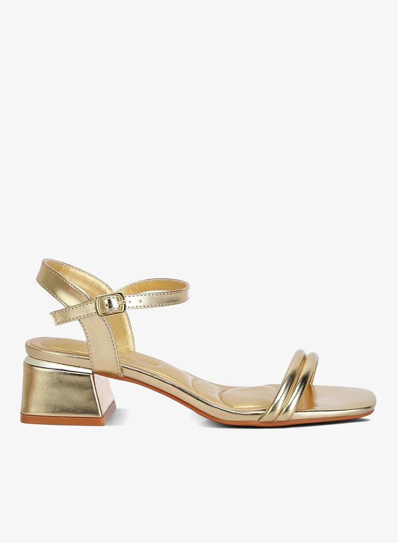 Metallic Ankle Strap Low Block Heels in Gold