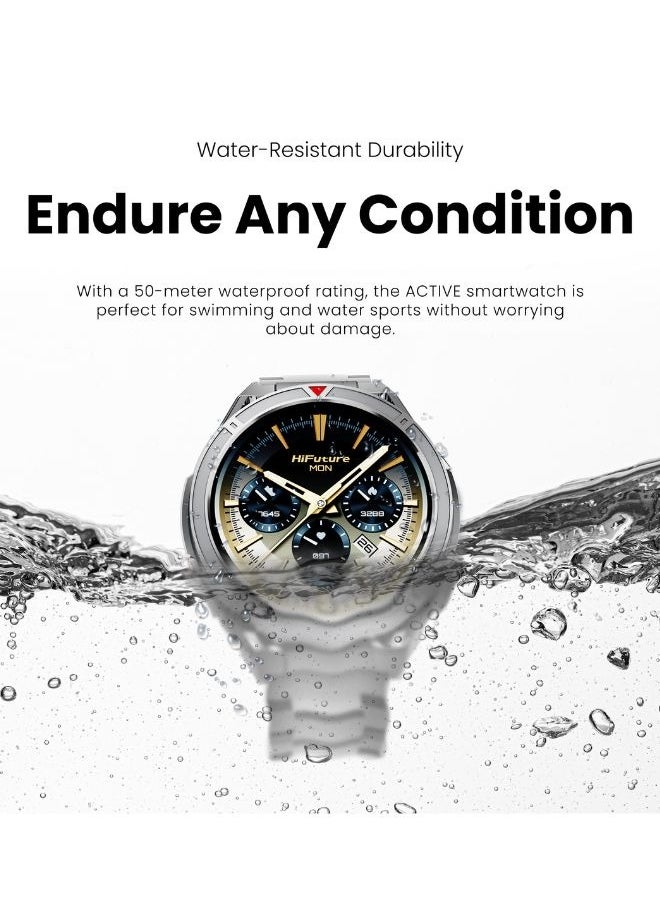 HiFuture HiFuture ACTIVE Smartwatch with Dual-Band GPS, Dual-Core CPU, 1.43" AMOLED Display, Barometric Altimeter, Built-In Compass, 50M Waterproof, Syntra AI, Extra Band Included, Silver  - Image 5