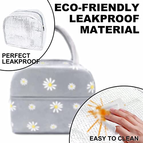 Sonuimy Insulated Lunch Bag Women Girls, Reusable Cute Tote Lunch Box for Adult & Men, Leakproof Cooler Lunch Bags for Work Office Travel School Picnic (Grey with White Daisy) - Image 2