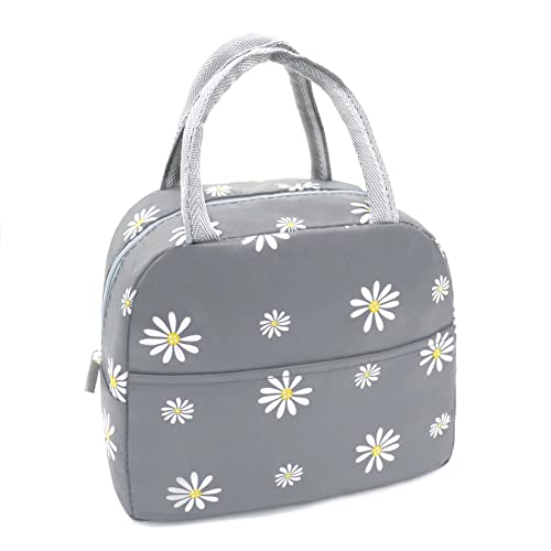Sonuimy Insulated Lunch Bag Women Girls, Reusable Cute Tote Lunch Box for Adult & Men, Leakproof Cooler Lunch Bags for Work Office Travel School Picnic (Grey with White Daisy) - Image 1