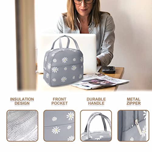 Sonuimy Insulated Lunch Bag Women Girls, Reusable Cute Tote Lunch Box for Adult & Men, Leakproof Cooler Lunch Bags for Work Office Travel School Picnic (Grey with White Daisy) - Image 4