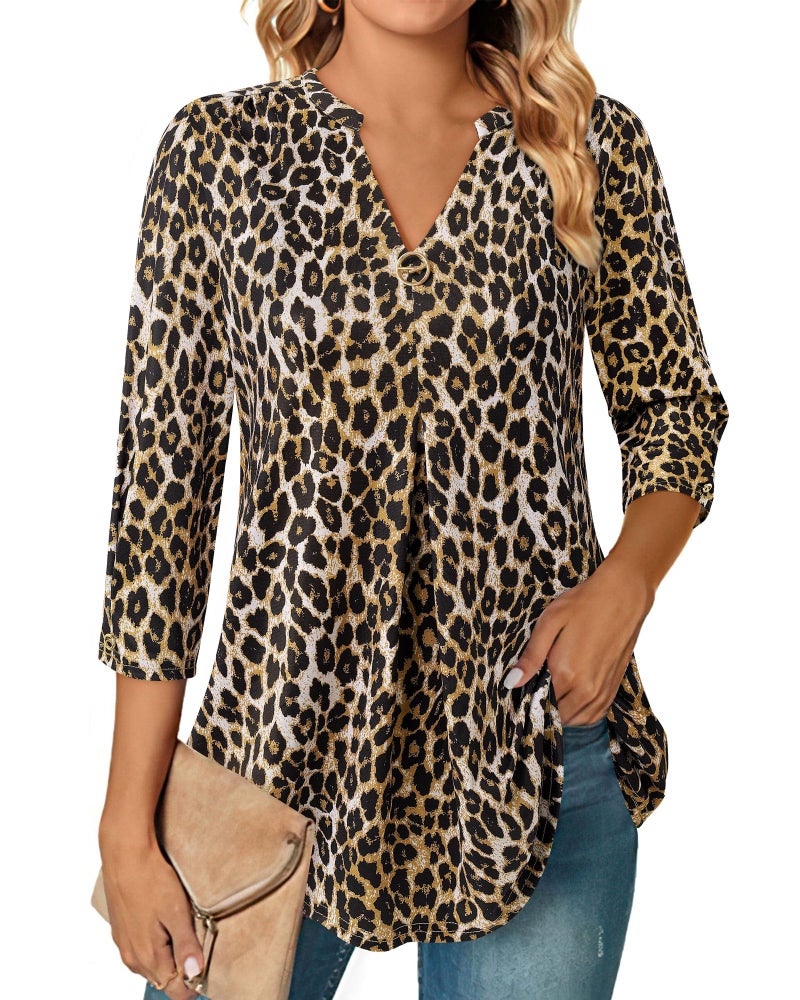 VALOLIA Women's Fashion: Womens 3/4 Sleeve Top - Plus Size Women Blouses - 3/4 Length Sleeve Womens Tops Formal for Women Black Panther Pattern XX-Large - Image 1