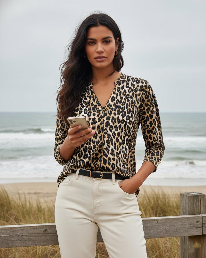 VALOLIA Women's Fashion: Womens 3/4 Sleeve Top - Plus Size Women Blouses - 3/4 Length Sleeve Womens Tops Formal for Women Black Panther Pattern XX-Large - Image 3