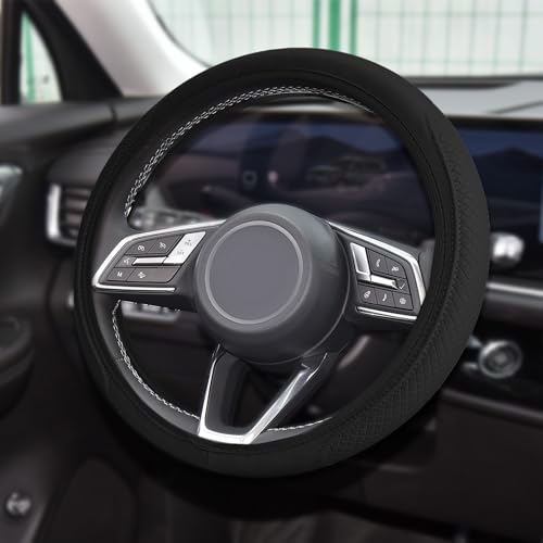 Tecledsn Car Steering Wheel Cover Universal 14515 Inch Beige Leather Steering Wheel Wrap with Better Sport Grip for Men Women AntiSlip Breathable Car Interior Accessories for Most Vehicles Black2 - Image 1