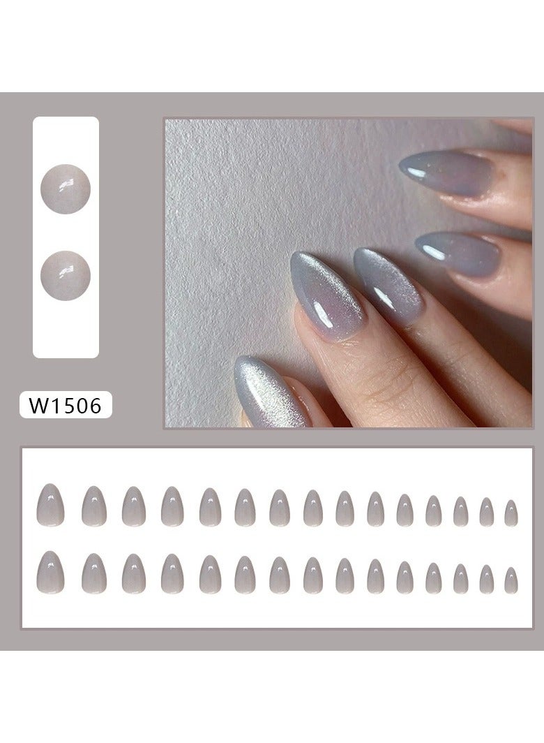 Goolsky 30PCS Grey Cat Eye Press On Nails Solid Almond Shaped Reusable Fake Nail Tips  - Image 1