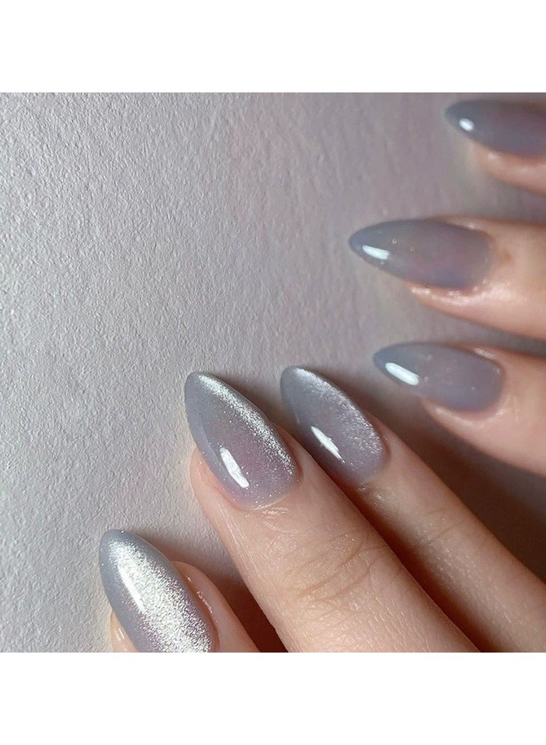 Goolsky 30PCS Grey Cat Eye Press On Nails Solid Almond Shaped Reusable Fake Nail Tips  - Image 2