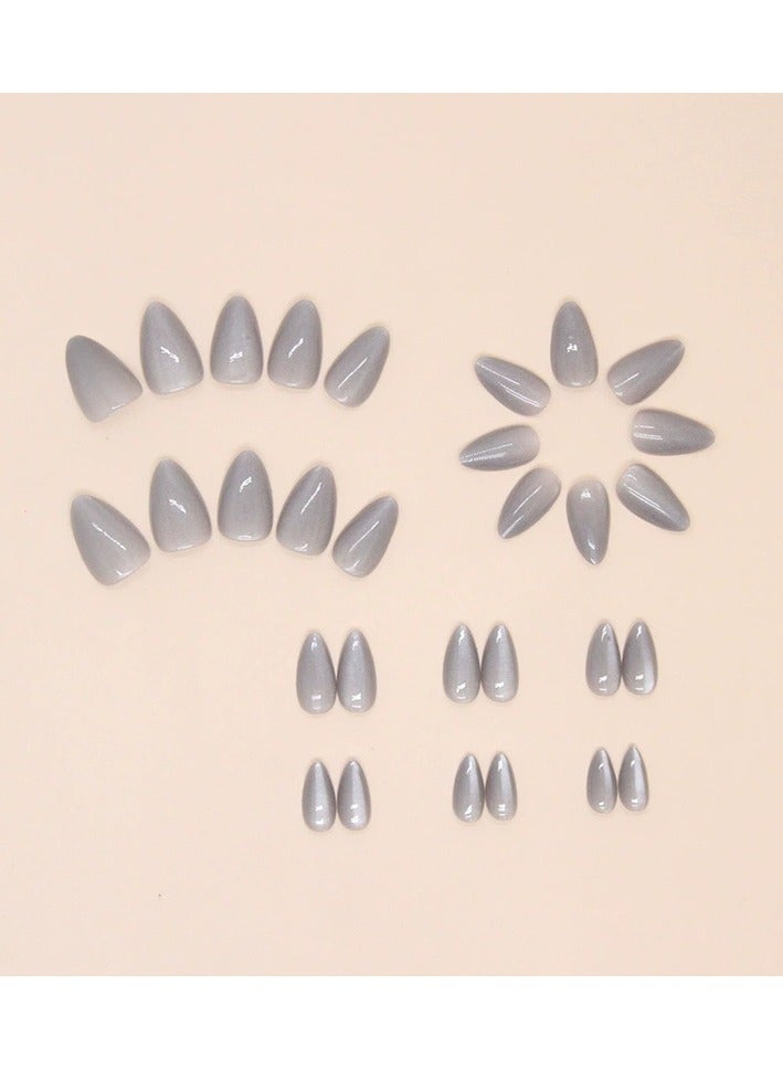 Goolsky 30PCS Grey Cat Eye Press On Nails Solid Almond Shaped Reusable Fake Nail Tips  - Image 4