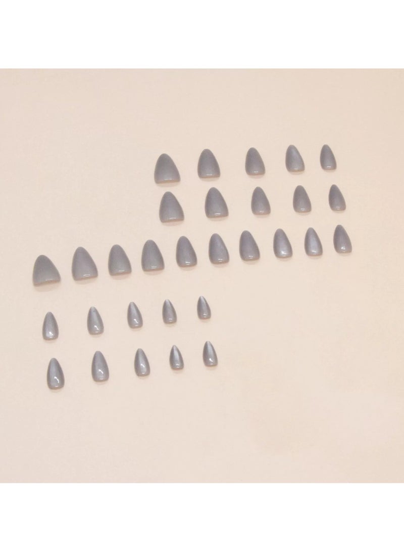 Goolsky 30PCS Grey Cat Eye Press On Nails Solid Almond Shaped Reusable Fake Nail Tips  - Image 5