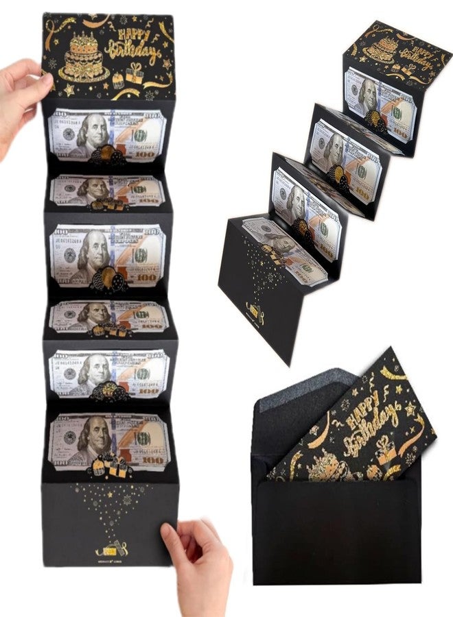 Happy Birthday Money Envelope for Cash Gifts, Surprise Cash Envelope for Men Women Kids, Coated Paper Black Gold Money Holder Gift Card for Men Women Girls Boys (Black,Birthday