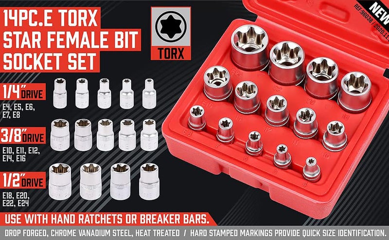 SEDY 14-Piece E-TORX Socket Set - Premium Female Torx Socket Set, Ultimate Torque Star Sockets, External Torx Sockets, E4 E5 E6 E7 E8 E10 E11 E12 E14 E16 E18 E20 E22 E24 - Image 2