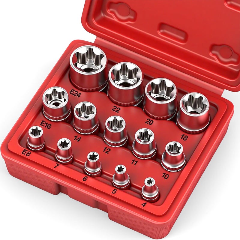SEDY 14-Piece E-TORX Socket Set - Premium Female Torx Socket Set, Ultimate Torque Star Sockets, External Torx Sockets, E4 E5 E6 E7 E8 E10 E11 E12 E14 E16 E18 E20 E22 E24 - Image 1