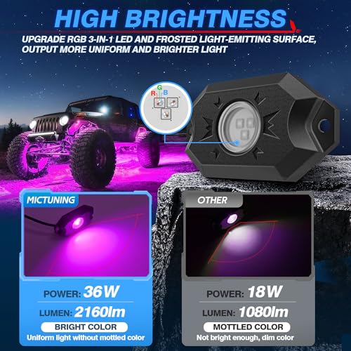 MICTUNING 2024 Upgraded CM RGB LED Rock Lights Kits - 12 Pods Multicolor Neon Light Waterproof Underglow Lighting Kit with APP Control & Flashing & Music Mode - Image 4