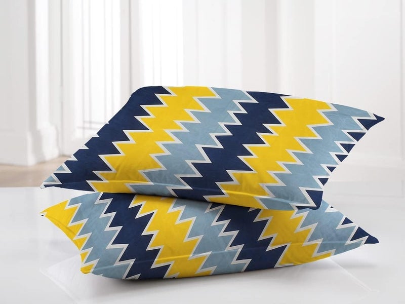 BSB بي إس بي هوم طقم ملاية سرير مزدوجة فاخرة مع 2 غطاء وسادة - 160 TC ميكروفايبر فائق النعومة - قابلة للتنفس وخالية من التجاعيد - 3 قطع | أصفر وأزرق - Image 4