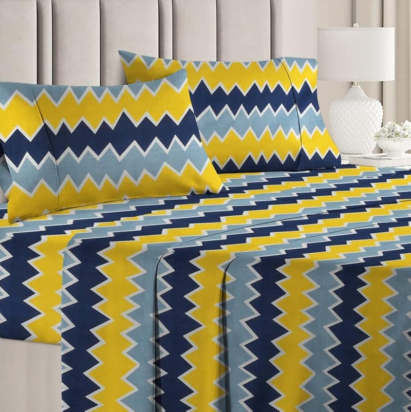 BSB بي إس بي هوم طقم ملاية سرير مزدوجة فاخرة مع 2 غطاء وسادة - 160 TC ميكروفايبر فائق النعومة - قابلة للتنفس وخالية من التجاعيد - 3 قطع | أصفر وأزرق - Image 2