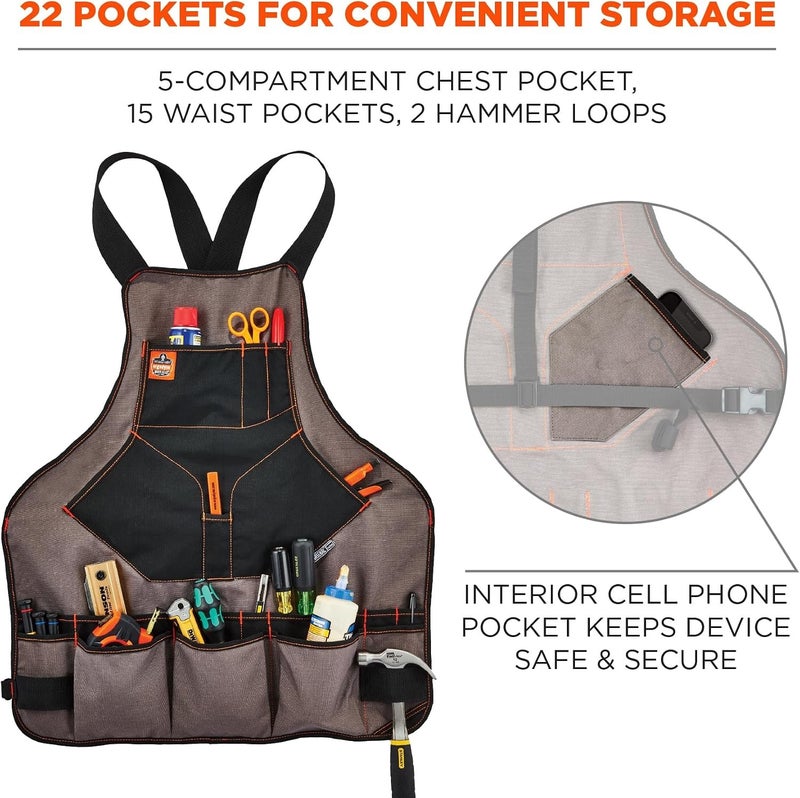 Ergodyne Arsenal 5704 Heavy-Duty Canvas Tool Apron with 22 Pockets, Adjustable, Gray - Image 2
