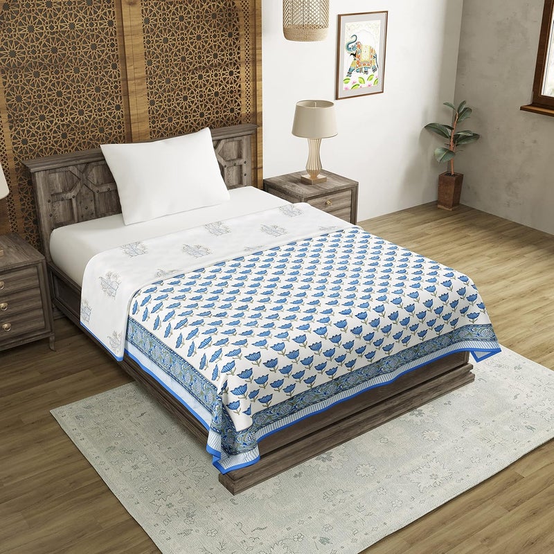 BLOCKS OF INDIA Hand Block Printed Cotton Summer Single Size Reversible Printed Malmal Dohar Multicolor Blue BUTI