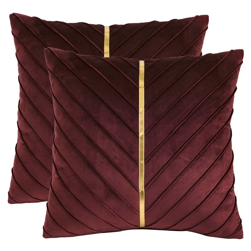Tosleo Burgundy Velvet Throw Pillow Covers 18 x18 inch Pack of 2 with Gold Leather Christmas Decorative Couch Pillow Cover Luxury Modern Pillowcases for Living Room Bedroom Sofa Cushion Bed