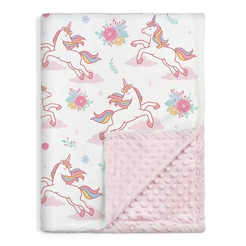 SANDJEST Unicorn Kid Blankets for Girls 30 x 40 - Throw Minky Blanket with Double Layer Dotted Backing - Gifts for Birthday - Image 1