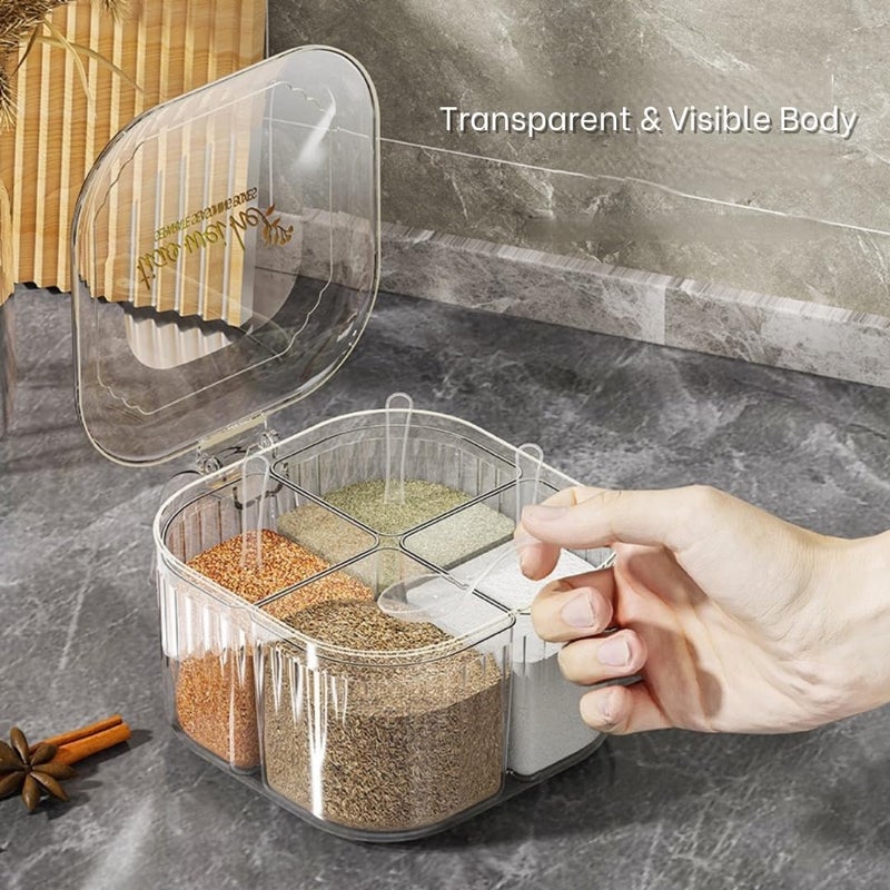 HOOPVOOL صندوق توابل أكريليك شفاف بـ 4 أقسام مع ملعقة، صندوق توابل شفاف لتخزين أسطح المطبخ، منظم توابل متعدد الاستخدامات للملح والسكر والفلفل والأعشاب والمزيد (أبيض) - Image 4