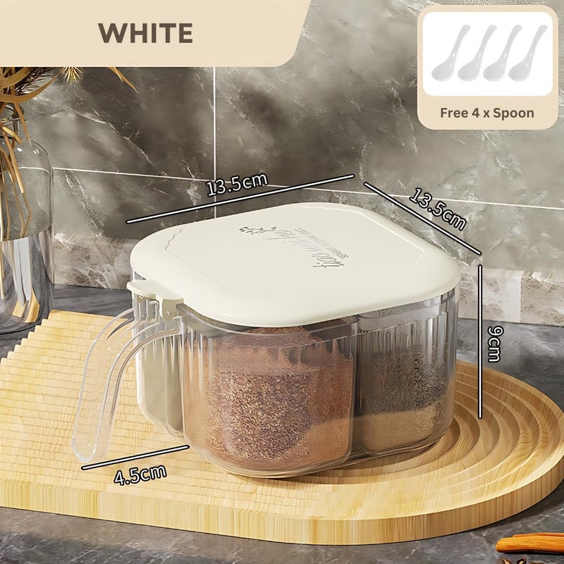 HOOPVOOL صندوق توابل أكريليك شفاف بـ 4 أقسام مع ملعقة، صندوق توابل شفاف لتخزين أسطح المطبخ، منظم توابل متعدد الاستخدامات للملح والسكر والفلفل والأعشاب والمزيد (أبيض) - Image 2