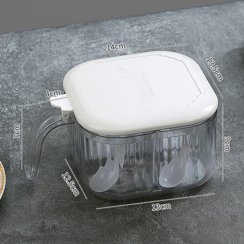 HOOPVOOL صندوق توابل أكريليك شفاف بـ 4 أقسام مع ملعقة، صندوق توابل شفاف لتخزين أسطح المطبخ، منظم توابل متعدد الاستخدامات للملح والسكر والفلفل والأعشاب والمزيد (أبيض) - Image 3