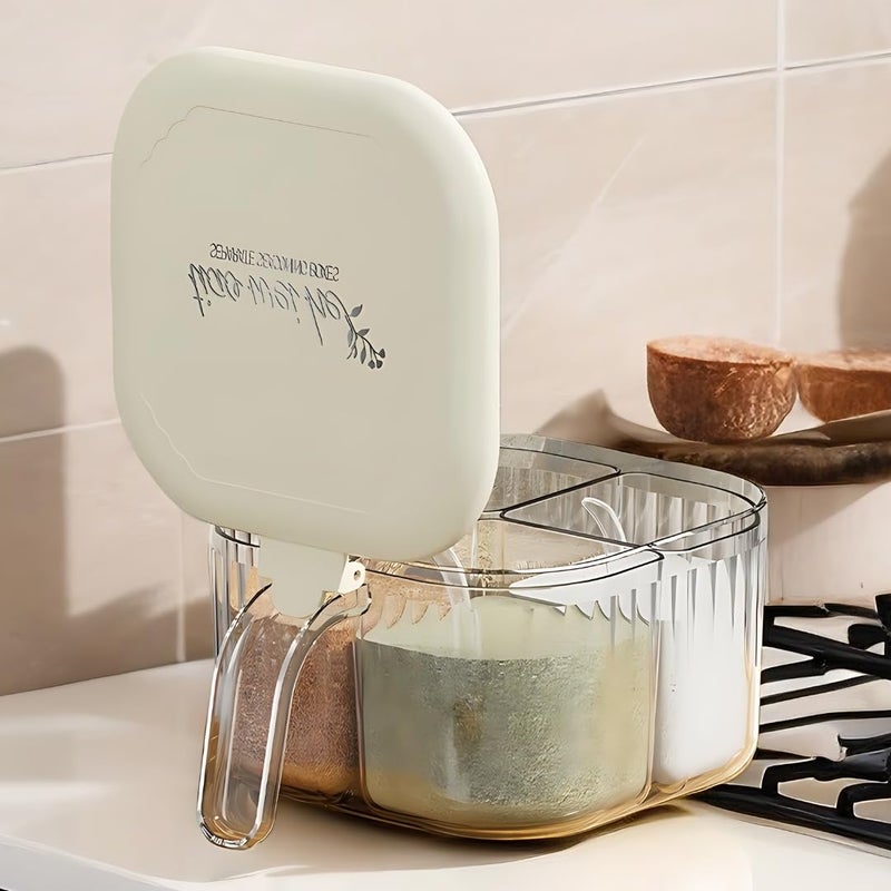 HOOPVOOL صندوق توابل أكريليك شفاف بـ 4 أقسام مع ملعقة، صندوق توابل شفاف لتخزين أسطح المطبخ، منظم توابل متعدد الاستخدامات للملح والسكر والفلفل والأعشاب والمزيد (أبيض) - Image 1