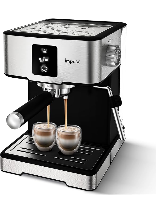 إمبكس ماكينة صنع قهوة الإسبريسو بقوة 1400 وات، سعة 1.7 لتر، تسخين سريع لمدة 15 ثانية، 3 برامج محددة مسبقًا، مضخة ضغط 20 بار، لماكينة صنع الإسبريسو والكابتشينو واللاتيه، إيقاف التشغيل التلقائي لمدة عامين، Iecm 2002 - Image 1
