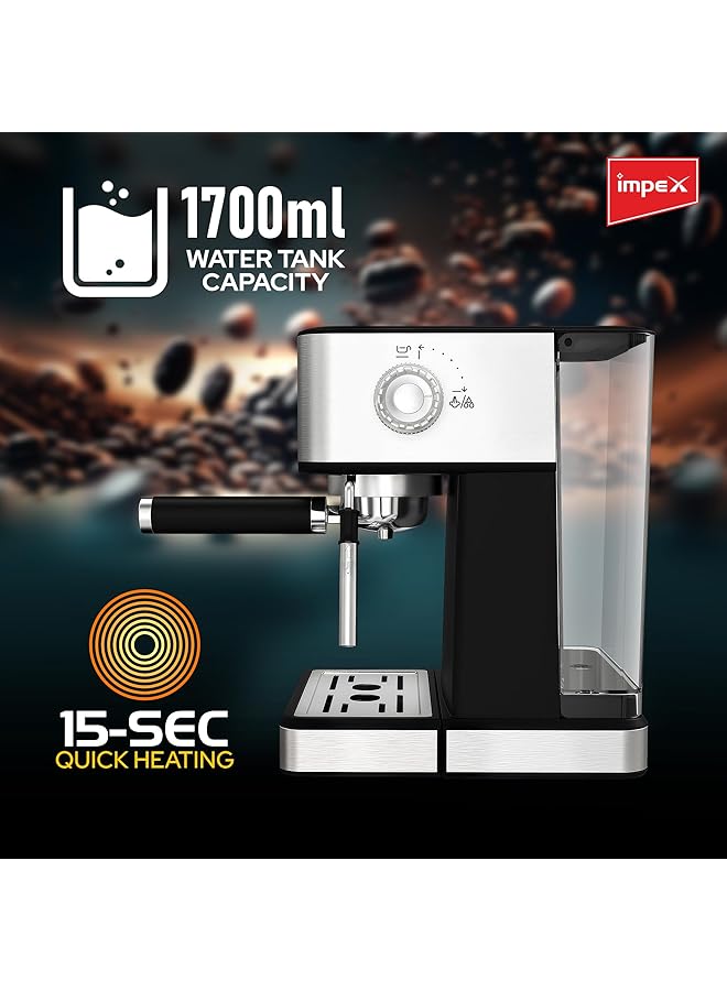 إمبكس ماكينة صنع قهوة الإسبريسو بقوة 1400 وات، سعة 1.7 لتر، تسخين سريع لمدة 15 ثانية، 3 برامج محددة مسبقًا، مضخة ضغط 20 بار، لماكينة صنع الإسبريسو والكابتشينو واللاتيه، إيقاف التشغيل التلقائي لمدة عامين، Iecm 2002 - Image 4