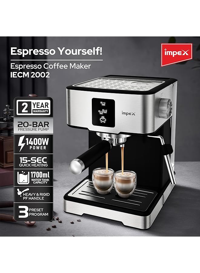 إمبكس ماكينة صنع قهوة الإسبريسو بقوة 1400 وات، سعة 1.7 لتر، تسخين سريع لمدة 15 ثانية، 3 برامج محددة مسبقًا، مضخة ضغط 20 بار، لماكينة صنع الإسبريسو والكابتشينو واللاتيه، إيقاف التشغيل التلقائي لمدة عامين، Iecm 2002 - Image 2