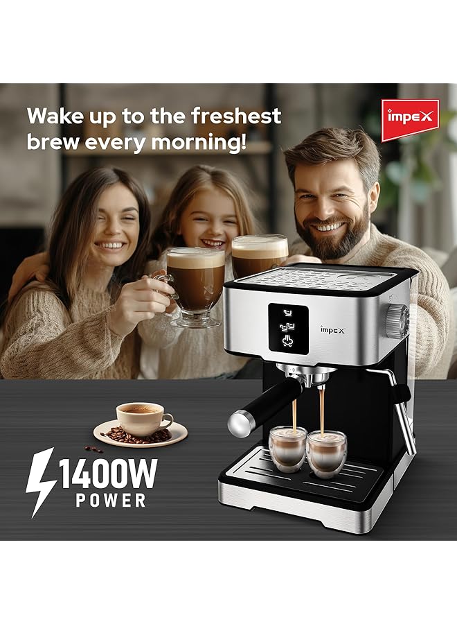 إمبكس ماكينة صنع قهوة الإسبريسو بقوة 1400 وات، سعة 1.7 لتر، تسخين سريع لمدة 15 ثانية، 3 برامج محددة مسبقًا، مضخة ضغط 20 بار، لماكينة صنع الإسبريسو والكابتشينو واللاتيه، إيقاف التشغيل التلقائي لمدة عامين، Iecm 2002 - Image 3