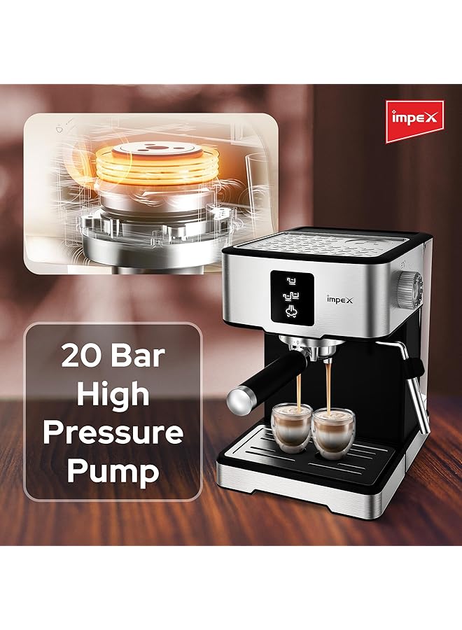 إمبكس ماكينة صنع قهوة الإسبريسو بقوة 1400 وات، سعة 1.7 لتر، تسخين سريع لمدة 15 ثانية، 3 برامج محددة مسبقًا، مضخة ضغط 20 بار، لماكينة صنع الإسبريسو والكابتشينو واللاتيه، إيقاف التشغيل التلقائي لمدة عامين، Iecm 2002 - Image 5