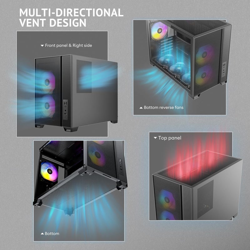Antec Flux M, 3 x 120 PWM ARGB,3 x 120 PWM Reverse Fans Included, Vertical Airflow Design, 360mm Top Radiator Support, Type-C 3.2 Gen 2, Full-Size Dust Filters, Compact Micro-ATX Gaming Case - Image 4